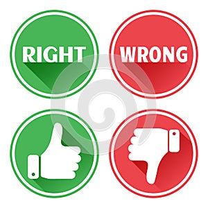 Set red and green icons buttons. Thumb up and down. Right and wrong. Vector
