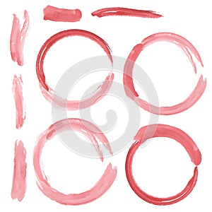 Set of red grunge circle brush strokes. Watercolor. vector