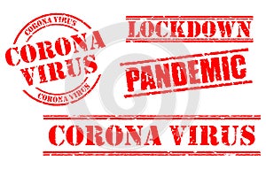 Set of red grunge rubber stamp or corona virus rubber stamp themes or postponed, lock down, social distance, physical distance