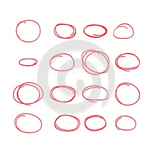 Set of red hand drawn elements for selecting text, Sketch oval. Vector illustration