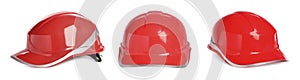 Set with red hard hats on white background, banner design. Safety equipment