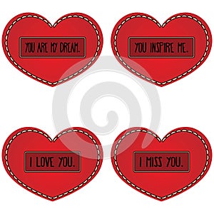 Set of red heart with different types of romantic confession in