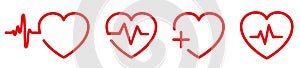 Set red heart icons, pulse one line, cardiogram sign, heartbeat - vector