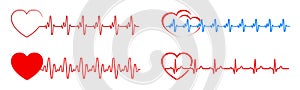 Set red heart, pulse one line, cardiogram sign, heartbeat - vector