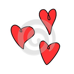 Set of red hearts in doodles style on white background. Vector hand drawn clip art, decoration