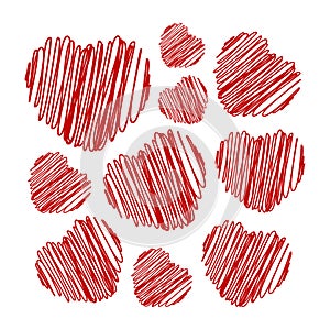 Set of red hearts drawn with a marker