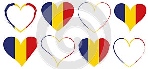 Set of red hearts icons with flag of Romania - vector illustration design element