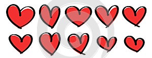 Set of red hearts icons. Hand drawn line art effect, Happy Valentine's day card or banner or letter template