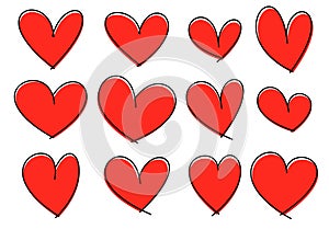 Set of red hearts icons. Hand drawn line art effect, Happy Valentine's day card or banner or letter template