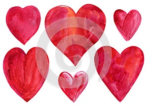 Set of red hearts on isolated white background, watercolor illustration, valentine's day