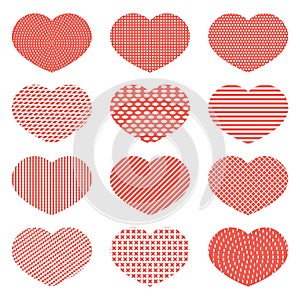 Set of red hearts with a texture of dots, squares and lines. Design for icons, banners, stickers. Valentine`s Day.