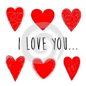 Set of red hearts for Valentines day. I love you. Vector illustartion