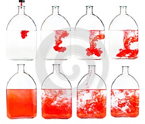 Set of red ink solutions in glass flask isolated