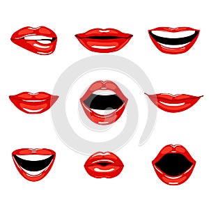 Set of red kissing and smiling cartoon lips.