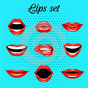 Set of red kissing and smiling cartoon mouth