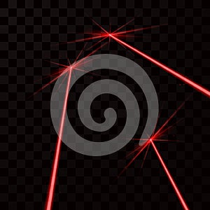 Set of red laser beams. Red light ray. Vector illustration isolated on dark background