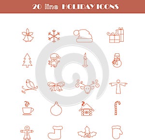 Set red line Christmas icons.