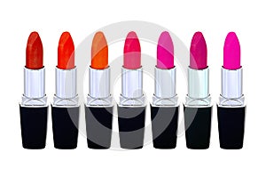 Set of red lipsticks isolated on white reflective