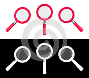 Set of red magnifying glass. Transparent loupe search icon for finding, reading, research, analysis concept. 3d rendering