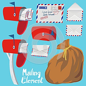 Set of Red Mail box,Letter envelope and Mail bag