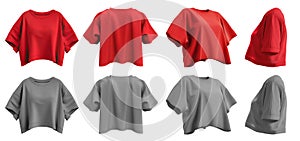 2 Set of red maroon grey gray woman loose cropped midriff tee round neck front, back and side view on transparent, PNG photo