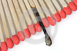 Set of red matches close up on white background