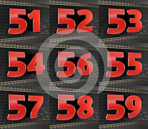 Set of red numbers from fifty-one to fifty-nine