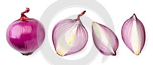 Set of red onions whole, half and quarter close-up. Isolated on white