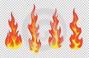 Set of red and orange fire flame. Flames of different shapes. Fireball set, flaming symbols. Idea of energy and power