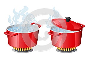 Set red pans with boiling water, opened and closed pan lid