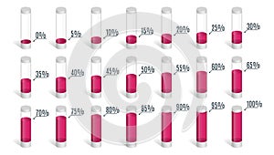 Set of red pink percentage charts for infographics, 0 5 10 15 20 25 30 35 40 45 50 55 60 65 70 75 80 85 90 95 100