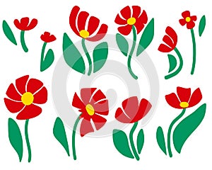 set of red poppy flowers. Vector illustration