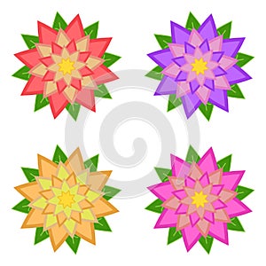 Set of red, purple, yellow, pink flowers with green leaves, isolated on white background. Four options. Suitable for design