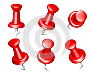 Set of red push pins in different foreshortening. Pushpins, sewing needles or board tacks for paper notice