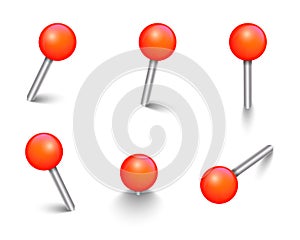 Set of red push pins in different foreshortening. Vector 3d illustration on white background