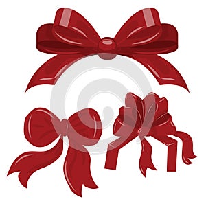 Set of red ribbon bows. Gift wrapping element for the holiday, Christmas, Valentine\'s Day, birthday.