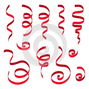 Set of red ribbon on white background. Carnival party serpentine decoration, paper ribbons for your design