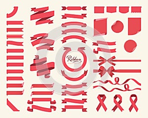 Set of red Ribbons, bows, banners, flags. Vector.