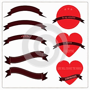 Set of red ribbons, hearts and logos in vintage retro style. for valentines, postcards or Ribbons, Labels, Tags.