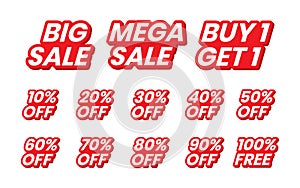 Set of red sale labels and tags. Promotional big sale, mega sale, buy 1 get 1, and percentage of discount. For web banner, poster,