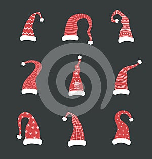 Set of red santa claus hats. Elves caps collection. Vector illustration in cartoon style.