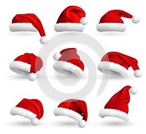 Collection of Red Santa Claus Hats isolated on white background. Set. Vector Realistic Illustration.