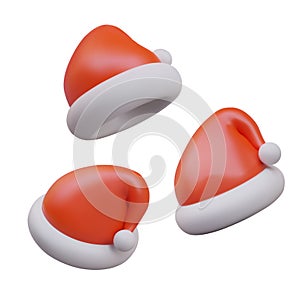 Set of red Santa Claus hats. Vector realistic object in different positions