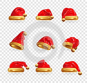 Set of Red Santa Claus Hats. Vector render 3d realistic illustration.