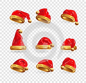 Set. Red Santa Claus Hats. Vector render 3d realistic illustration