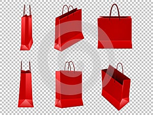 Set of red shopping bags from plastic or paper with handles on transparent background. Vector illustration