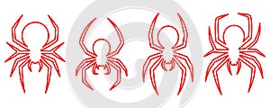 Set of red silhouette spider icon isolated on white background. Top,side and front view