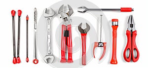 A set of red and silver tools on a white background, in a top view, with high resolution photography photo