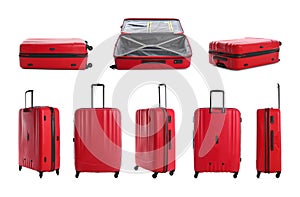 Set of red suitcases on background