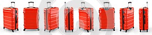 A set of red suitcases on a white background. 3D rendering illustration.